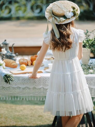 Quedoris Girls Tulle Dress Elastic Neck and Waist Three Layers Ruffle Sleeve Tiered Skirt Party Casual Dress in Saudi Arabia