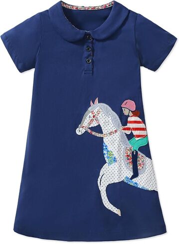 HILEELANG Girl Easter Polo Dress Short Sleeve Cotton Casual Button Closure School Playwear Ruffle Dresses in Saudi Arabia