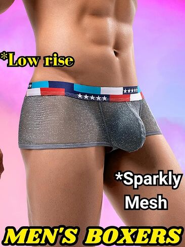 Mens Sexy Mesh Underwear, Sparkly Low Rise Boxers Briefs, USA American Flag Glitter, Sparkle Lingerie Bikini in Saudi Arabia