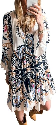 miduo Womens Summer Dress Casual V Neck Buttoned 3/4 Sleeve Bohemian Tribal Print Flowy Mini Dresses in Saudi Arabia