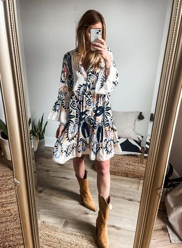 miduo Womens Summer Dress Casual V Neck Buttoned 3/4 Sleeve Bohemian Tribal Print Flowy Mini Dresses in Saudi Arabia