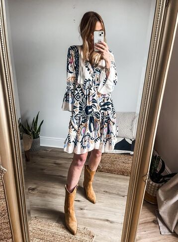 miduo Womens Summer Dress Casual V Neck Buttoned 3/4 Sleeve Bohemian Tribal Print Flowy Mini Dresses in Saudi Arabia