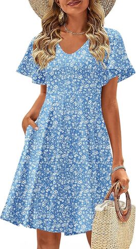 Zeagoo Womens Summer Dress عارضات الأزهار الأزهار الكشكش قصيرة الأكمام Sundresses Beach Mini A-Line Shift Dress 2025 مع جيوب in Kuwait