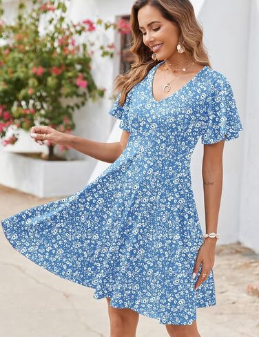 Zeagoo Womens Summer Dress عارضات الأزهار الأزهار الكشكش قصيرة الأكمام Sundresses Beach Mini A-Line Shift Dress 2025 مع جيوب in Kuwait