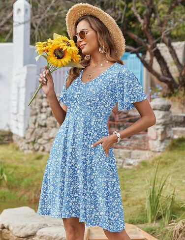 Zeagoo Womens Summer Dress عارضات الأزهار الأزهار الكشكش قصيرة الأكمام Sundresses Beach Mini A-Line Shift Dress 2025 مع جيوب in Kuwait