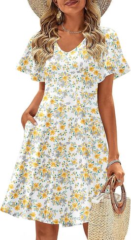 Zeagoo Womens Summer Dress عارضات الأزهار الأزهار الكشكش قصيرة الأكمام Sundresses Beach Mini A-Line Shift Dress 2025 مع جيوب in Kuwait