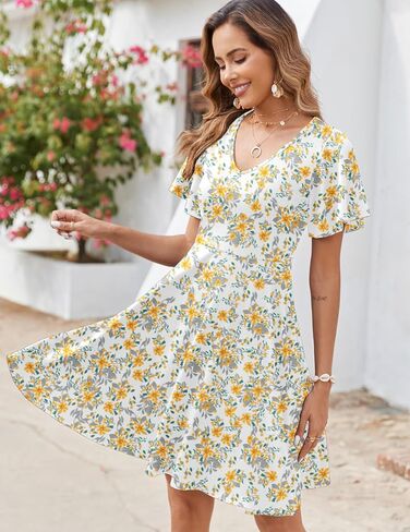 Zeagoo Womens Summer Dress عارضات الأزهار الأزهار الكشكش قصيرة الأكمام Sundresses Beach Mini A-Line Shift Dress 2025 مع جيوب in Kuwait