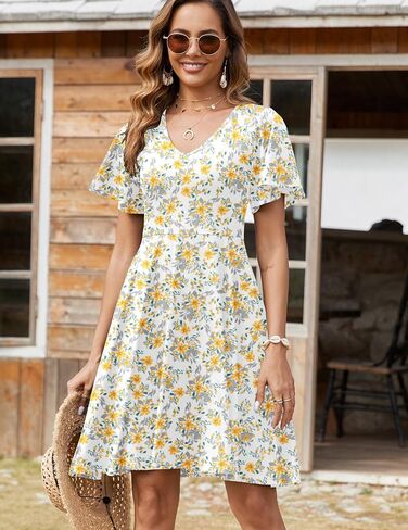 Zeagoo Womens Summer Dress عارضات الأزهار الأزهار الكشكش قصيرة الأكمام Sundresses Beach Mini A-Line Shift Dress 2025 مع جيوب in Kuwait