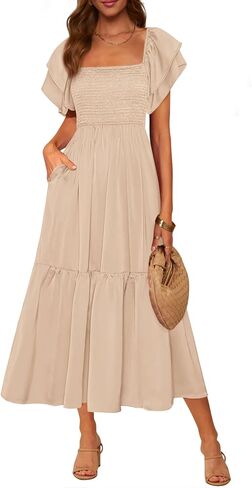 Mascomoda Womens Summer Summer Midi Dress Square Choleck Shulk Short Smoocked High High in Saudi Arabia