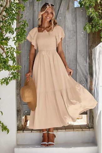 Mascomoda Womens Summer Summer Midi Dress Square Choleck Shulk Short Smoocked High High in Saudi Arabia