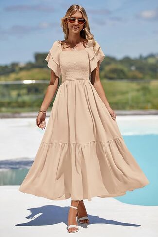Mascomoda Womens Summer Summer Midi Dress Square Choleck Shulk Short Smoocked High High in Saudi Arabia