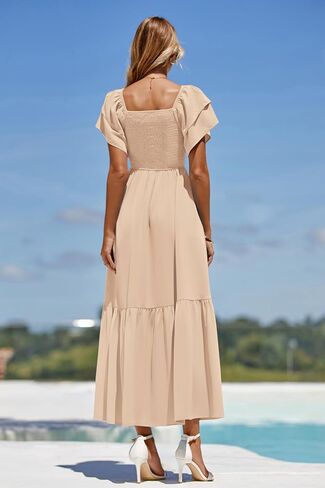 Mascomoda Womens Summer Summer Midi Dress Square Choleck Shulk Short Smoocked High High in Saudi Arabia