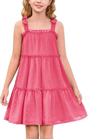 Haloumoning Girls Swiss Dot Spaghetti Strap Dress Kids Summer Flowy Sleeveless Ruffle Sundress 5-14 Years in Saudi Arabia