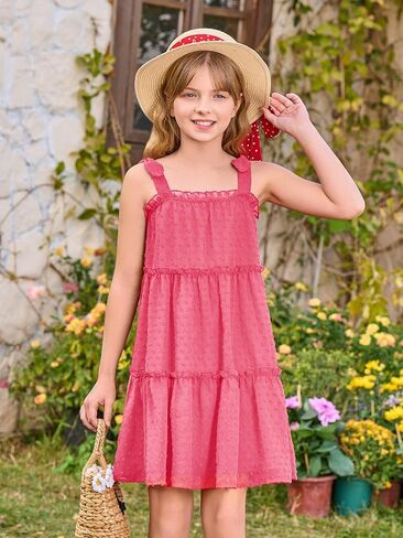 Haloumoning Girls Swiss Dot Spaghetti Strap Dress Kids Summer Flowy Sleeveless Ruffle Sundress 5-14 Years in Saudi Arabia
