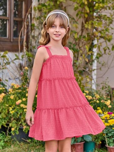 Haloumoning Girls Swiss Dot Spaghetti Strap Dress Kids Summer Flowy Sleeveless Ruffle Sundress 5-14 Years in Saudi Arabia