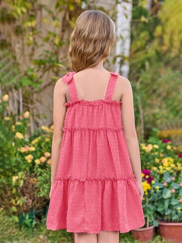 Haloumoning Girls Swiss Dot Spaghetti Strap Dress Kids Summer Flowy Sleeveless Ruffle Sundress 5-14 Years in Saudi Arabia