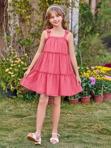 Haloumoning Girls Swiss Dot Spaghetti Strap Dress Kids Summer Flowy Sleeveless Ruffle Sundress 5-14 Years in Saudi Arabia