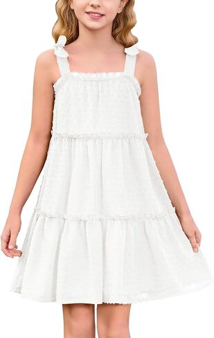 Haloumoning Girls Swiss Dot Spaghetti Strap Dress Kids Summer Flowy Sleeveless Ruffle Sundress 5-14 Years in Saudi Arabia