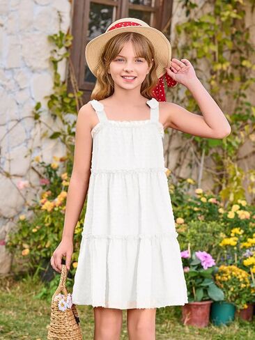 Haloumoning Girls Swiss Dot Spaghetti Strap Dress Kids Summer Flowy Sleeveless Ruffle Sundress 5-14 Years in Saudi Arabia