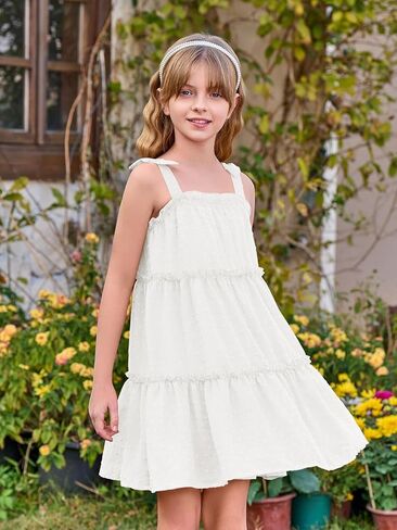 Haloumoning Girls Swiss Dot Spaghetti Strap Dress Kids Summer Flowy Sleeveless Ruffle Sundress 5-14 Years in Saudi Arabia
