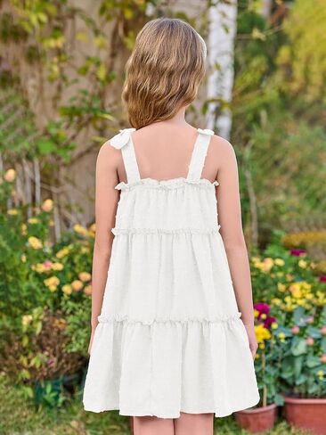 Haloumoning Girls Swiss Dot Spaghetti Strap Dress Kids Summer Flowy Sleeveless Ruffle Sundress 5-14 Years in Saudi Arabia