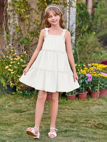 Haloumoning Girls Swiss Dot Spaghetti Strap Dress Kids Summer Flowy Sleeveless Ruffle Sundress 5-14 Years in Saudi Arabia