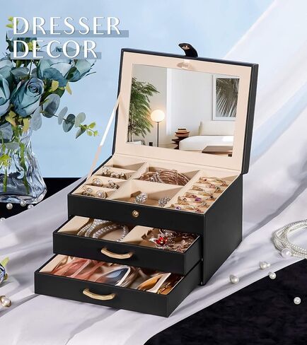 Black Jewelry Box Organizer: Home Decor for Women - 2-Drawer Holder for Valentine’s Day Birthday Christmas Black Pink in Kuwait