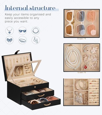 Black Jewelry Box Organizer: Home Decor for Women - 2-Drawer Holder for Valentine’s Day Birthday Christmas Black Pink in Kuwait