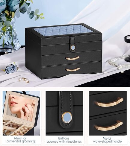 Black Jewelry Box Organizer: Home Decor for Women - 2-Drawer Holder for Valentine’s Day Birthday Christmas Black Pink in Kuwait