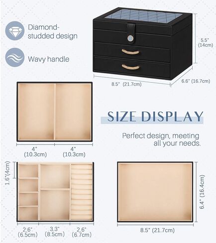 Black Jewelry Box Organizer: Home Decor for Women - 2-Drawer Holder for Valentine’s Day Birthday Christmas Black Pink in Kuwait