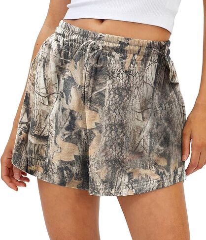 Camo Sweat Shorts for Women Drawstring Elastic Waist Maple Leaf Print Lounge Athletic Shorts with Pockets in Saudi Arabia