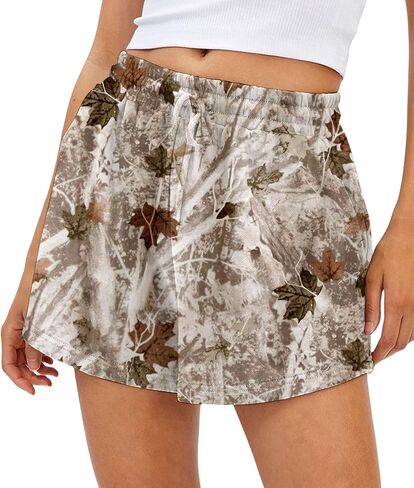 Camo Sweat Shorts for Women Drawstring Elastic Waist Maple Leaf Print Lounge Athletic Shorts with Pockets in Saudi Arabia