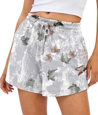 Camo Sweat Shorts for Women Drawstring Elastic Waist Maple Leaf Print Lounge Athletic Shorts with Pockets in Saudi Arabia