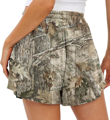 Camo Sweat Shorts for Women Drawstring Elastic Waist Maple Leaf Print Lounge Athletic Shorts with Pockets in Saudi Arabia