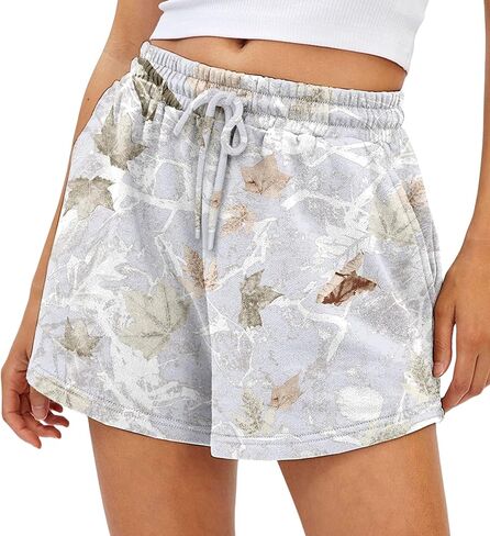 Camo Sweat Shorts for Women Drawstring Elastic Waist Maple Leaf Print Lounge Athletic Shorts with Pockets in Saudi Arabia