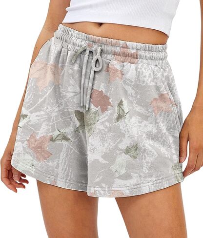 Camo Sweat Shorts for Women Drawstring Elastic Waist Maple Leaf Print Lounge Athletic Shorts with Pockets in Saudi Arabia