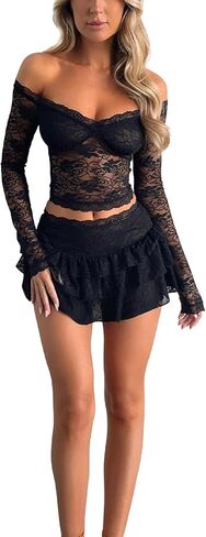 2 Pieces Mini Skirt Set for Women Elegant Lace Floral Off Shoulder Crop Top Sheer Mesh Bodycon Skirts Y2K skirt sets in Saudi Arabia