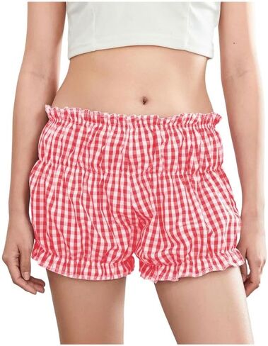 Women's Lounge Plaid Shorts With Ruffle Bloomer - Low Rise Coquette Micro Shorts for Sexy Pajama Bottoms and Sleep in Kuwait