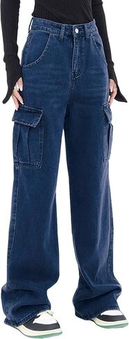 LONGYIDA Women's High Waisted Cargo Jeans Straight Wide Leg Stretch Baggy Jeans Y2K Casual Loose Denim Cargo Pants Trousers in Kuwait