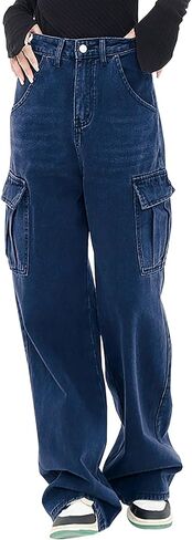 LONGYIDA Women's High Waisted Cargo Jeans Straight Wide Leg Stretch Baggy Jeans Y2K Casual Loose Denim Cargo Pants Trousers in Kuwait