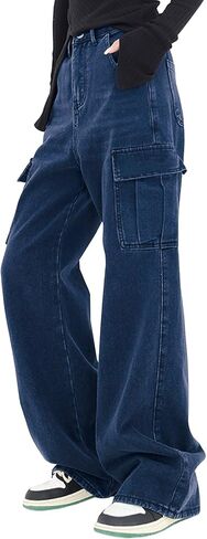 LONGYIDA Women's High Waisted Cargo Jeans Straight Wide Leg Stretch Baggy Jeans Y2K Casual Loose Denim Cargo Pants Trousers in Kuwait