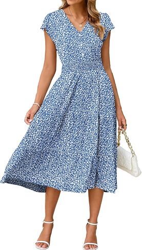 BerryGo Women's Floral Boho Ruffle Summer Midi Dress Short Sleeve V Neck Empire Waist Swing Flowy Dress in Kuwait