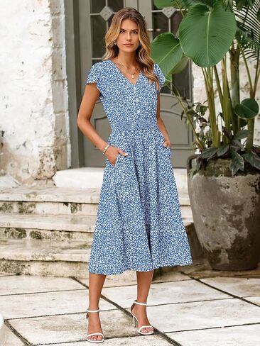 BerryGo Women's Floral Boho Ruffle Summer Midi Dress Short Sleeve V Neck Empire Waist Swing Flowy Dress in Kuwait