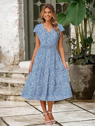 BerryGo Women's Floral Boho Ruffle Summer Midi Dress Short Sleeve V Neck Empire Waist Swing Flowy Dress in Kuwait