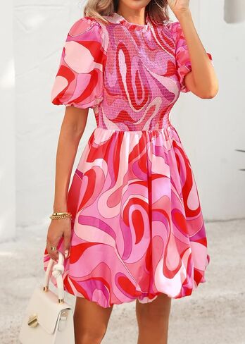 Kirundo Womens Summer Smocked Mini Dress 2025 Spring Puff Short Sleeve Boho Ruffle Crewneck Bubble A Line Short Dresses in Saudi Arabia