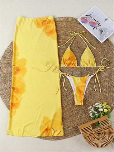 Verdusa Women's 3 Piece Floral Swimsuit Halter Triangle String Bikini Set with Coverup Maxi Skirt in Saudi Arabia
