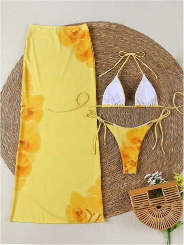 Verdusa Women's 3 Piece Floral Swimsuit Halter Triangle String Bikini Set with Coverup Maxi Skirt in Saudi Arabia