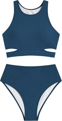ZAFUL Women's Swimsuit High Waisted Bikini Sets Two Piece Swimsuit Scoop Neck Tank Side Cutout Midkini Stitching in Saudi Arabia