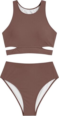 ZAFUL Women's Swimsuit High Waisted Bikini Sets Two Piece Swimsuit Scoop Neck Tank Side Cutout Midkini Stitching in Saudi Arabia