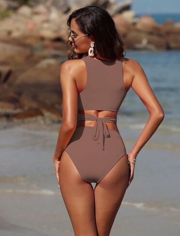 ZAFUL Women's Swimsuit High Waisted Bikini Sets Two Piece Swimsuit Scoop Neck Tank Side Cutout Midkini Stitching in Saudi Arabia